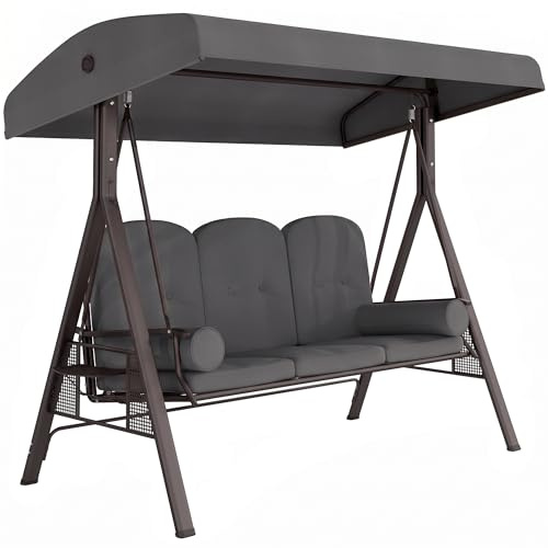 Outsunny Dondolo da Giardino 3 Posti con Tettuccio Parasole Regolabile, Dondolo da Esterno con Portabicchieri e Cuscini Imbottiti, Portata 360 kg, 208x121x172 cm, Grigio Scuro