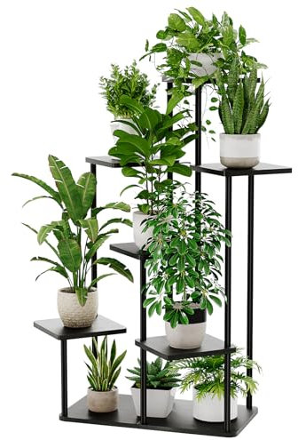 Bamworld Porta Piante da Interno ed Esterno a 7 Ripiani Nero– Fioriera in Legno e Metallo, Scaffale Moderno Salvaspazio per Vasi e Piante, Porta Vasi Decorativo per Giardino, Balcone, Soggiorno