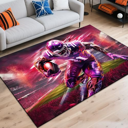 Waschbarer Spielbereichsteppich, Sportball-Design, Gaming-Teppich, Fußmatte, rutschfest, niedriger Flor, für Computer, Schlafzimmer, Innenbereich, Eingangsbereich, Wohnzimmer, Büro (American Football