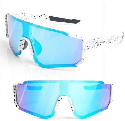 RTUOHUIN Schnelle Brille, Fahrradbrille Sonnenbrille für Herren und Damen UV400 Schutz Sportbrille TR90 Flexiblem Rahmen für MTB Rennrad Fahrrad Ski Laufen Rave - Weißes Eisblau