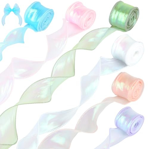 6 Pièces Ruban Organza Pailleté Translucide, 4cm*9m Ruban Satin Mousseline pour Emballage Cadeau, Bouquets, Artisanat (6 Couleurs)