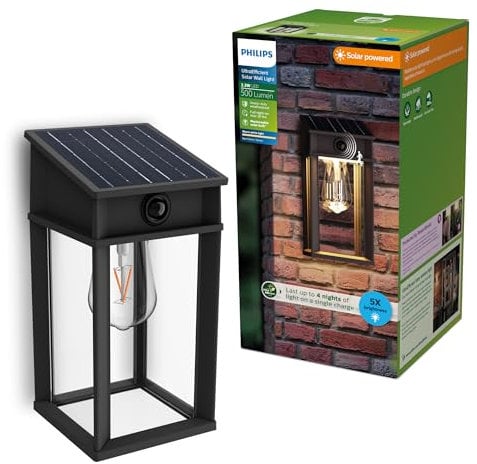 Philips Geri UltraEfficient Solar-Wandleuchte für den Außenbereich, quadratisch, austauschbare Solarlampe, Bewegungssensor, 2700K warmweißes Licht, Schwarz