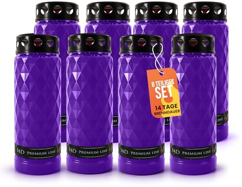 8x Grabkerzen mit 14 Tagen Brenndauer - windgeschützte Zweiwochenbrenner als Trauerkerze & Grablicht in Lila/Violett Gedenkkerzen mit Deckel & stabilem Stand für stilvolle Grabbeleuchtung