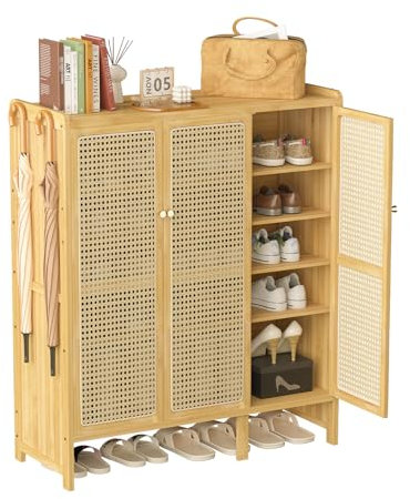 unho Bamboo Shoe Cabinet Large: 5-Tier Shoe Storage Unit with 3 Rattan Doors, Freestanding Shoes Rack Organizer for Hallway Bedroom Entryway