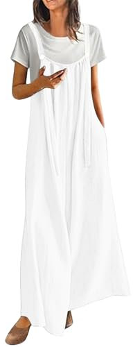 Salopette Estiva Lino Donna Overall Elegante Jumpsuit Con Tasche Morbida Monopezzi Casual Tuta Intera Leggera Vintage Pantaloni Baggy Allentata Oversize Regolabile Cinghie Salopette A Gamba Larga