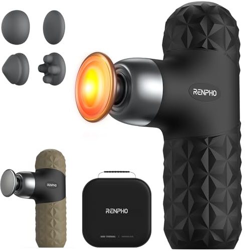 RENPHO Mini Massagepistole mit Wärmefunktion für Reisen Entspannung | Tragbare, Ultraleise Mini-Massagepistole mit 4 Stufen, 4 Aufsätzen und Tragetasche für Fitnessstudio, Büro & Reisen, Geschenk
