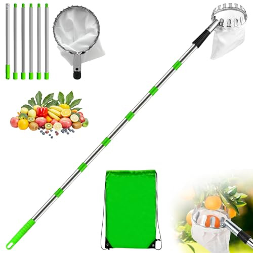 Raccogli Frutta Telescopico 2,8m con Palo in Acciaio Inox & Borsa di Stoccaggio, Bastone Mele Leggero Ø 16cm, Raccoglitore Ciliegie Regolabile, Attrezzo Raccolta Fichi per Bacca, Arancia, Pera, Prugne