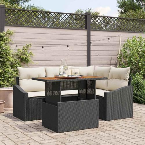 Teenpull Garten Essgruppe Schwarz, Poly Rattan & Akazienholz, Modulares Outdoor Loungesofa Set mit Kissen, Eckbank, für Terrasse, Balkon, 4-Sitzer, Wetterfest & UV-Schutz