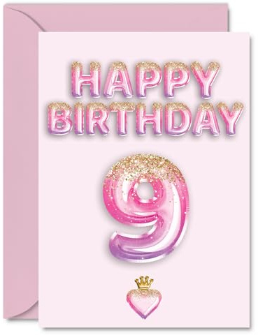 9th Birthday Cards for Girls and Boys, Pink & Purple Glitter Balloons | Happy Birthday Card for 9 Year Old Boy Girl Nephew Sister Daughter Cousin, A5 Bday Greeting Cards