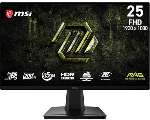 msi MAG 256FA E20 Monitor Gaming 24,5 1920x1080 FHD Rapid IPS, 200 Hz, 0,5 ms, HDR Ready, AMD FreeSync Premium, Eye Care, AI Vision, HDMI 2.0b, DP 1.2a, senza cornice, compatibile VESA | Dalle Rapid IPS 1920x1080, 200Hz, 0,5ms, compatibile con VESA, HDMI, DisplayPort, FreeSync Premium