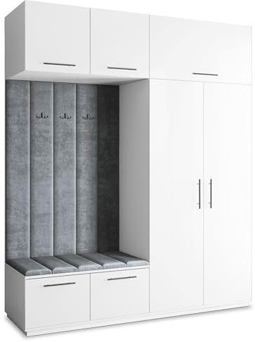 Masseno Flugarderoben Set Rema, Kleiderschrank-Set mit Sitzbank, Garderobenschrank Flur mit 5 Regalböden, Weiß