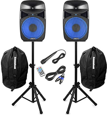 Vonyx VPS122A 12 Bluetooth Active Party Speaker Kit with Built-in Light Show, Speaker Stands and Carry Bags – Home Audio System for Medium Gatherings, Games Rooms & Man Caves