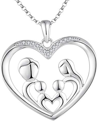 JO WISDOM Mama Halskette Silber 925,Kette Anhänger Mutter Kinder Familie Liebe Herz mit 3A Zirkonia,Schmuck für Frauen