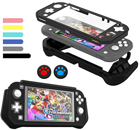FIWWAT Schutzhülle für Nintendo Switch Lite, mit eingebauter PC-Displayschutzfolie, Griffhülle mit 2 Daumengriffkappen, schwarz