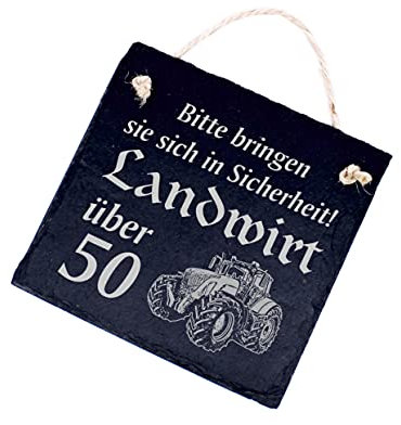 Schild Bitte bringen sie sich in Sicherheit, Landwirt über 50 - Motiv Traktor - aus Schiefer - 2 Größen (11 x 11 x 0,5 cm)