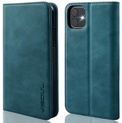 VISOUL iPhone 11 Hülle, Stoßfeste Handyhülle [Erstklassiges Rindsleder] [RFID Blocker], TPU Schutzhülle [Kartenfach] [Magnetverschluss], Standfunktion Lederhülle Kompatibel für iPhone 11 6,1 Blau