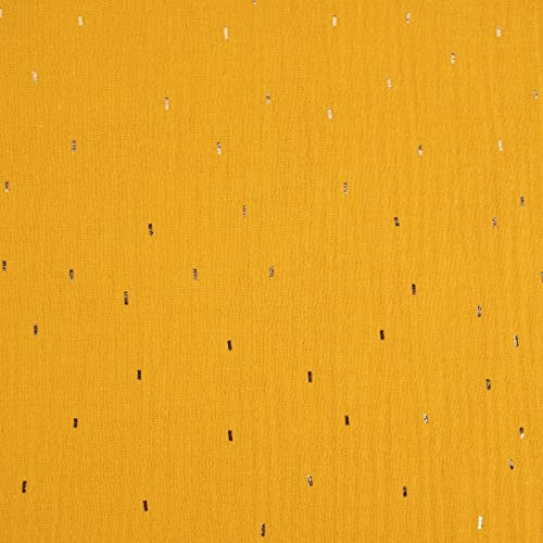 SCHÖNER LEBEN. Double Gauze Foliendruck Konfetti Striche Uni Ocker Gold 1,35m