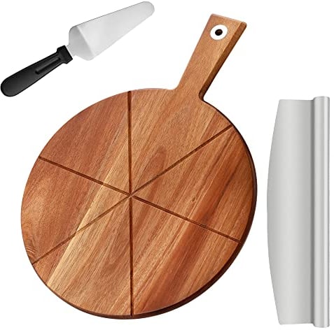 Planche à Pizza en Bois d'acacia 30cm TJ POP Planche à Pizza avec Coupe-pizza et épluche-pizza, Planche à Découper Ronde pour la Pizza, Plateau de Service pour la Cuisson de Pizzas Maison