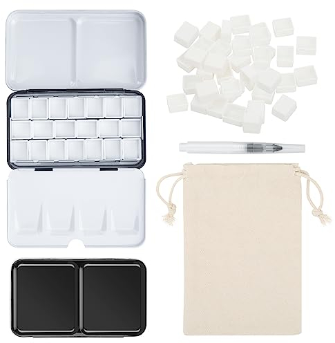 PEVART Empty Watercolour Paint Palette Case, Metal Water Colour Tin Box Palette with 50 Half Pans and Fold-out Mixing Painting Tray-Portable Travel Watercolor Palette (Black, Small)