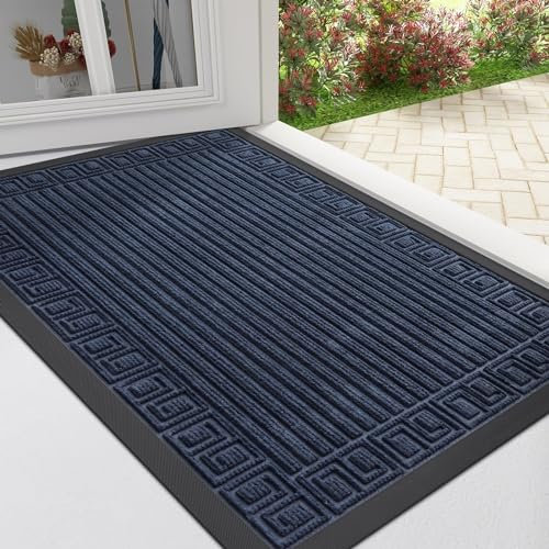 Homaxy Door Mat, Heavy Duty Natural Rubber Doormats, Dirt Trapper, Easy Clean Washable, Low Profile Entrance Mat for Front Back Door Indoor Outdoor - Navy Greek Keys, 40x60 CM