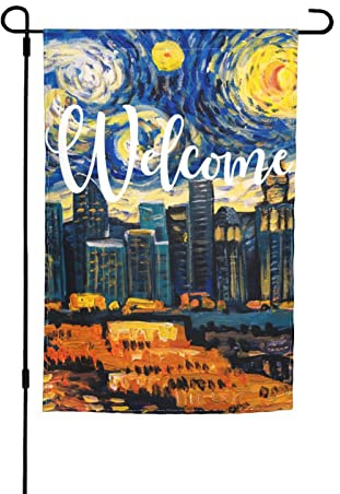 Garden Flags Beautiful City with Tall Buildings Premium Yard Flag Abstract Starry Sky Landscape Oil Painting Holiday Party Flag Outdoor Farmhouse Decor Home Porch Flags 12 x 18inch
