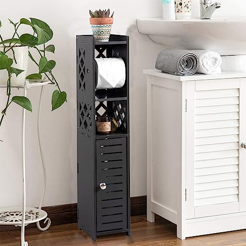 H HUIYKALY Toilet Paper Storage Cabinet: Bathroom Storage Cabinet with Roller for Small Space,Black