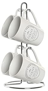 DKD Home Decor Juego de Tazas con Platos de la Marca, Color Blanco, de Metal y gres (9,5 x 10,5 x 12,5 centímetros)