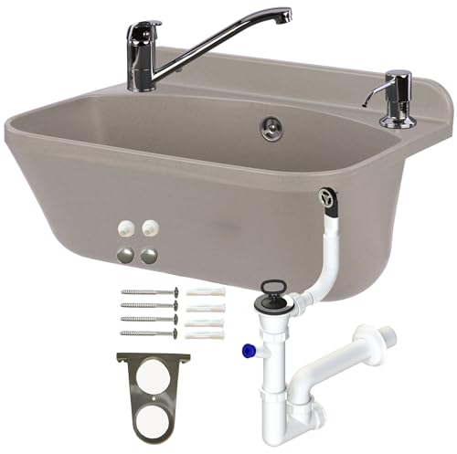Évier de 46,5 cm en granit gris polystyrol avec trop-plein, évier de ménage, vasque avec robinet pivotant, évier lavabo avec trop-plein, distributeur de savon, siphon, évier mural