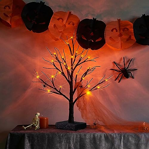 Sapin de table lumineux pour Halloween, arbre de table artificiel noir à paillettes avec 24 LED oranges, alimentation par piles, décoration d'Halloween d'intérieur et d'extérieur