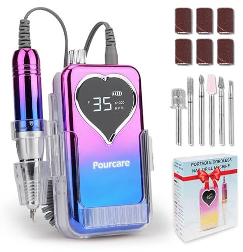 Pourcare Electric Nail Drill 35000 RPM,Professional Electric Nail File Efile Machine Set,Rechargeable Acrylic Nail Tool Manicure Pedicure for Home Salon(Sunset Blue)