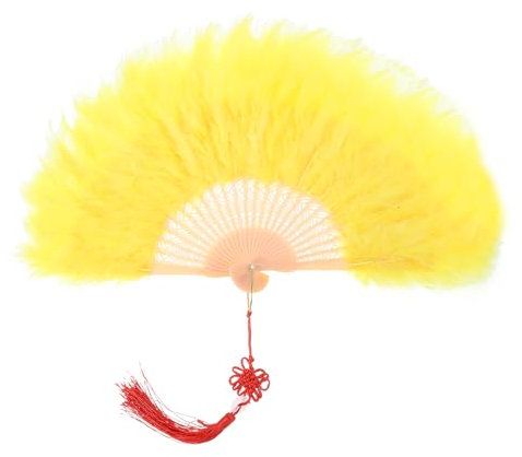 sourcing map Feather Hand Fan Yellow Vintage Folding Fan with Chinese Knots Feather Fan Handheld for Halloween Party Wedding Dancing Decoration