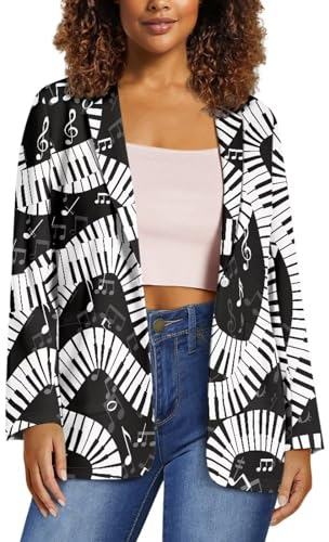 xixirimido Lässiger Damen-Blazer mit Taschen, Revers, Ein-Knopf, schmale Passform, Jacke, Mantel für Büro, Reisen, Party, Musik-Tastatur, 36