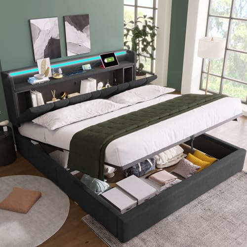 MQLAE Stauraumbett Jugendbett polsterbett 140x200, Doppelbett LED Bett, Verstellbares Kopfteil mit Aufladen USB und Großer Stauraum, Stauraumbett Funktionsbett Rückenlehne Bettgestell, Grau