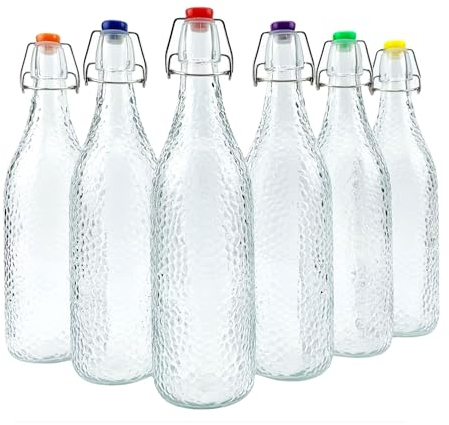 simpa 1L Vintage Style Clear Embossed Dots Patterned Bottles with Assorted Colour Swing Top Lids