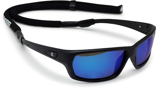 Cressi Bill Sunglasses W/Lace - Sonnenbrille Unisex mit schwimmendem Trageband, Schwarz/Verspiegelte Gläser Blau, Einheitsgröße