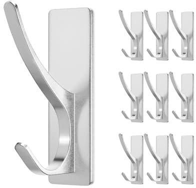 pickpiff Self Adhesive Hooks, Sticky Hooks Extra Sturdy, Hanging up to 6KG, Metal Stainless Heavy Duty Stick on Wall Door, for Towel Coat Hat Purse in Bathroom Shower Kitchen, Silver, 10 Pack