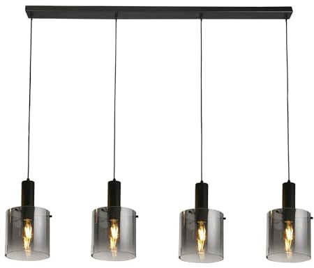 Licht-Erlebnisse Hängelampe Rauchglas Metall 142 cm lang H: max. 1,5 m verstellbar Grau Schwarz 4-flammig E27 Retro Design Hängeleuchte Pendelleuchte Esstisch