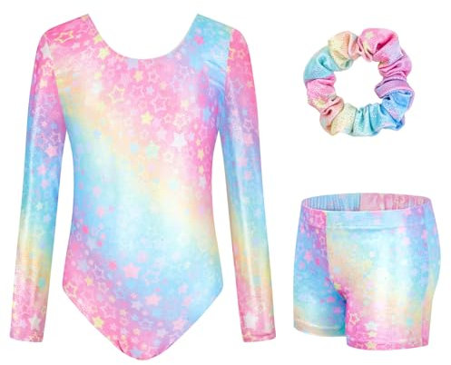 JiAmy Gymnastikanzug Mädchen, Turnanzug Turnshorts Haarband Set Turnanzug Leotard Set für 3-12 Jahre
