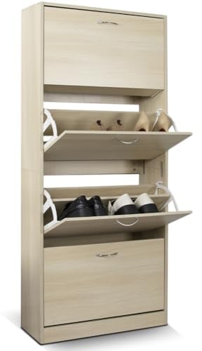 BAKAJI Scarpiera Portascarpe in Legno MDF con 4 Ante Porta Scarpe a Ribalta Maniglie in Metallo Doppia Profondità Dimensioni Compatte Slim 63 x 24 x 150 cm Salvaspazio Ingresso Casa (Olmo)