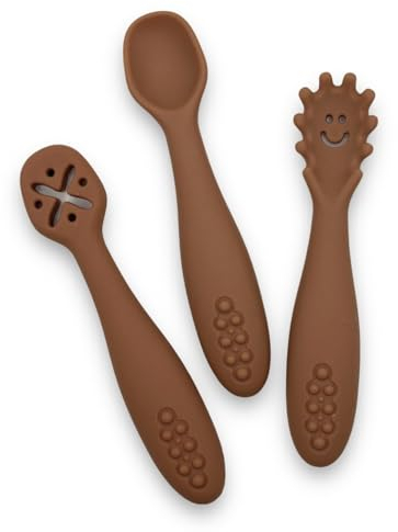 leyla&e Baby Esslernlöffel (3er Set) für eigenständiges Essen | BPA-frei & LFGB-zertifiziert | Spülmaschinenfester Silikonlöffel | Lernlöffel geeignet für BLW (Raw Sienna)