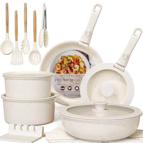 Astercook Ceramic Non-stick Cookware 21 Pcs Pots and Pans Set, Detachable Handle, RV Kitchen Non Stick Cooking Set Removable Handles, Oven Safe, Induction Ready, Stackable, Cream White