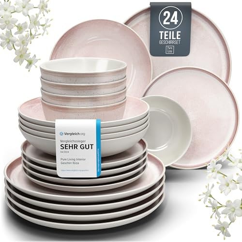 Steingut Geschirrset 6 Personen Ibiza 24 tlg. TESTSIEGER, Hochwertiges Mediterranes Steingut Geschirr Set, Schüssel- und Teller Set, Tafelservice 6 Personen, Geschirrsets Pure Living in Rose