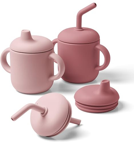 Navik | Vaso Aprendizaje Antiderrame Bebe Con Pajita y 2 Asas | Silicona | +6 Meses | Rosa y Rosa Claro