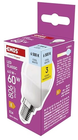 EMOS LED Lampe Mini Globe, 6,5W Ersatz für 60W Glühbirne, kleine Birne mit E14 Sockel, Helligkeit 806 lm, Kaltweiß 6500 K, 30000 h Lebensdauer, CRI min. 80, 150° Abstrahlwinkel