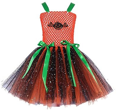 MNSWR Federrock Kleinkind Kinder Mädchen Säugling Halloween Kürbis Rollenspiel Fancy Party Kostüm Mesh Tüll Prinzessin Kleid Glitzer Kind (Orange, 8-9 Years)