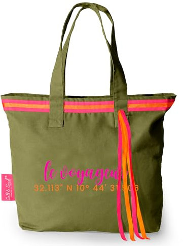 Salt & Sand The Tote Bag - Canvas Tasche Damen mit Reißverschluss und Innentasche - Umhängetasche Damen - Premium Qualität made in Europe - Handtasche (olive la voyageur pink-orange, medium)