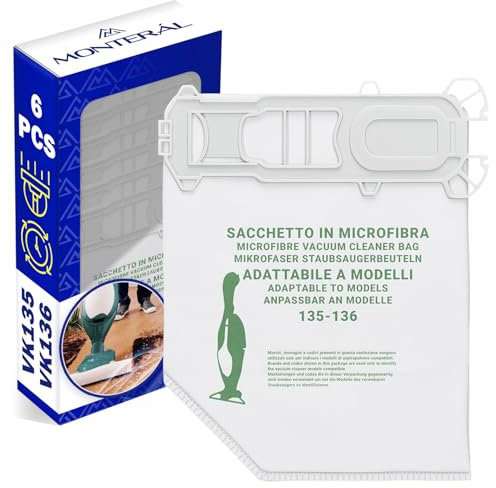 Set di 6 Pezzi Sacchetti Aspirapolvere in Microfibra per Vorwerk Folletto VK135 VK136 - Garanzia 10 Anni - MONTERAL