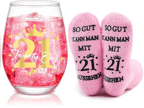 Nuenen Lustiges Geschenkset zum 21. Geburtstag für Frauen - Inkl. Rotweingläser & Socken Geschenk für Mädchen, Freundin, Schwester oder Tochter, Die 21 Jahre Alt Werden