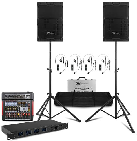Professional PA System Touring Kit with 10 Powered Speakers, Wireless Headset Microphone, Lapel Microphone, Bluetooth Connectivity and Adjustable Stands for Events