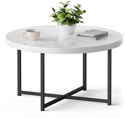 VonHaus Marble Look Coffee Table for Living Room - Round Table White & Grey Marble Design - Modern Style with Black Metal Legs - Centre Table for Living Room with 80cm Diameter - Mosley
